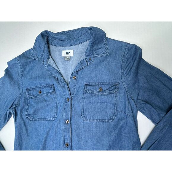 Old Navy Chambray Shirt Dress Womens Small Button Front Pockets Long Sleeve Blue - Picture 2 of 15